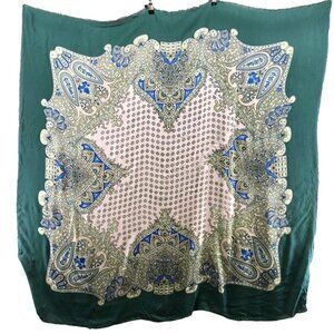 Ann Taylor Lightweight Square Scarf Womens Silk Blend Fringe Paisley Teal